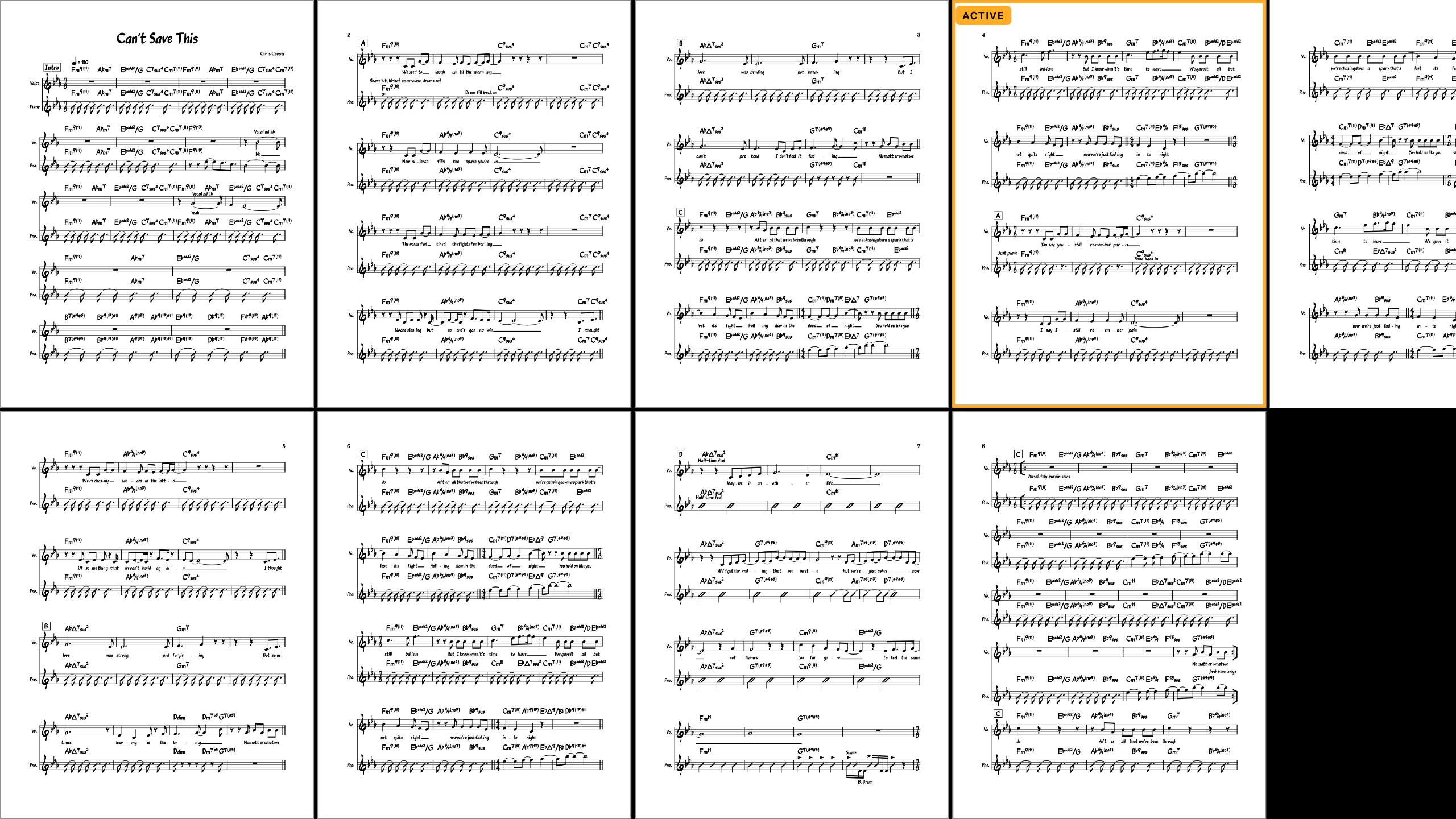 WhatThePDF performance view showing two rows of score pages with the active page outlined